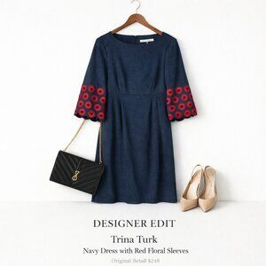 Trina Turk Navy Dress Red Floral Sleeve Detail Fit Flare Sz 10